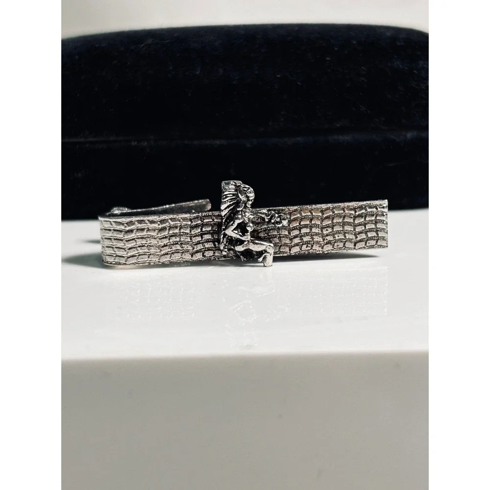 Vintage Swank Silver Tone Native American Chief Tie Clip Textured Brick Pattern
